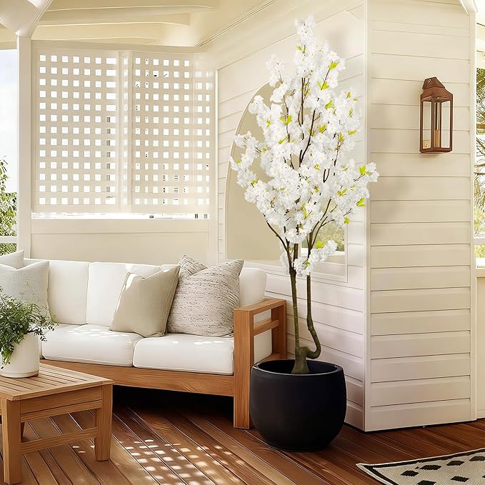 Faux White Cherry Blossom Tree 7ft(84in) Tall Artificial Plant Indoor Decor Handmade Natural Fake White Flower Tree for Wedding Realistic Cherry Plant in Pot for Home Living Room,Office,Outdoor Decor.