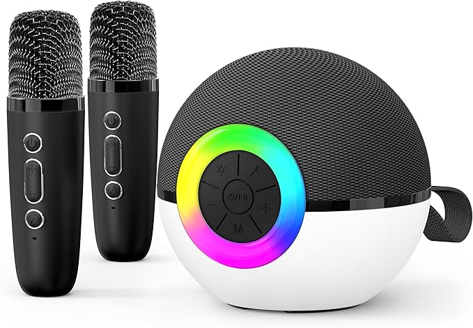 goopow Mini Karaoke Machine Speaker for Kids Adults, Portable Bluetooth Microphone Song Toys with LED Light, Best Chritmas Birthday Festival Gift for 3 4 5 6 7 8+ Year Old Girls Boys (Black-2 Mic)