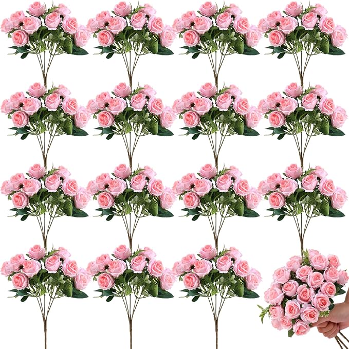 Zeyune 16 Bunches 12 Inch Artificial Mini Rose Bouquet 160 Heads Bridal Flower Bouquets Fake Silk Rose Bulk for Wedding Bridal Shower Christmas Home Office Garden Decoration(Light Pink)
