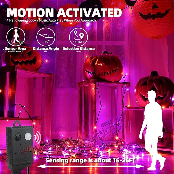 Motion Sensor Spooky Music Halloween Decorations Lights for Indoor/Outdoor, 108FT 300LED String Lights, Orange & Purple 2 Colors in 1 Waterproof Decor for Tree Party