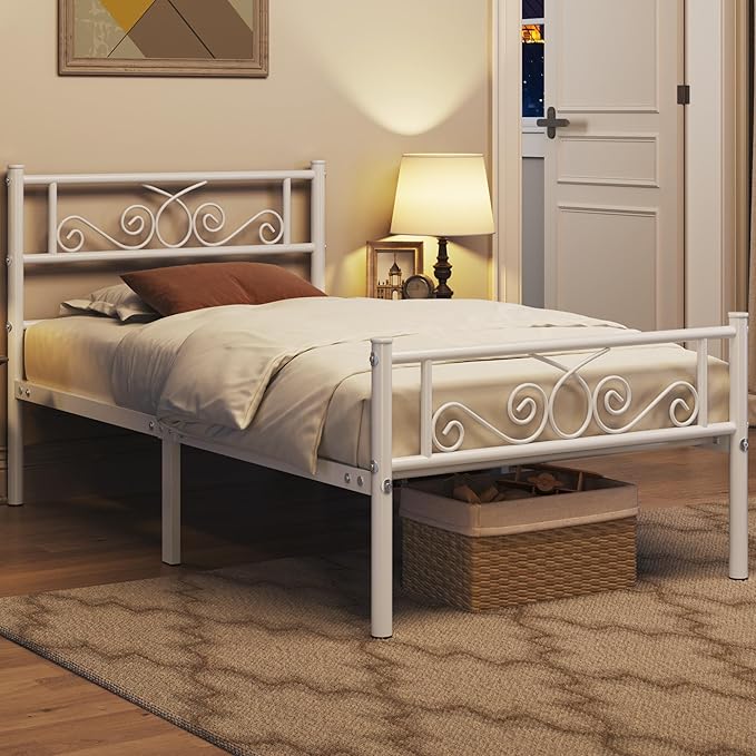 Yaheetech Twin Bed Frames Metal Platform Bed with Headboard and Footboard No Box Spring Needed Easy Assembly,Under-Bed Space: 12.6''/White/Twin Bed