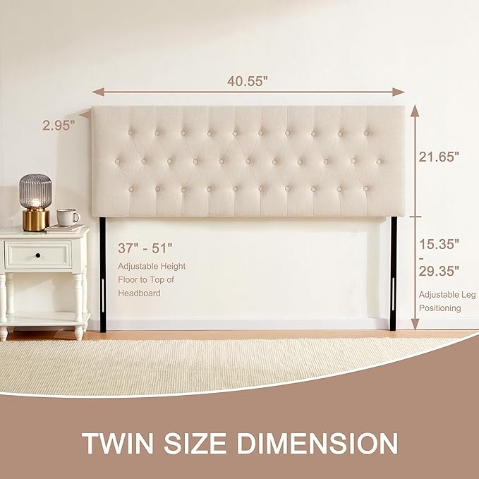 Tufted Upholstered Headboard Twin Size, Solid Wood Head Board with Durable Metal Legs, Adjustable Height Twin XL headboard from 37” to 51” Fabric Headboard in Modern Button Design, Beige