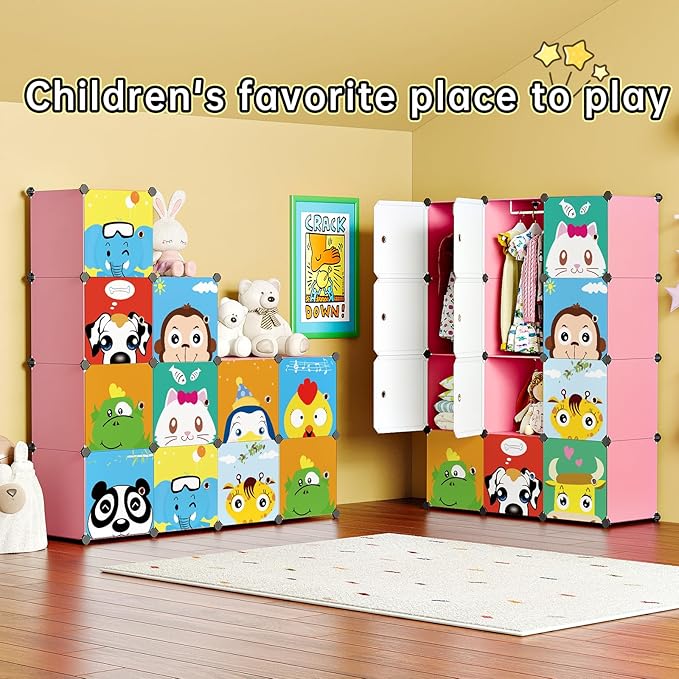 MAGINELS Children Wardrobe Kid Dresser Cute Baby Portable Closet Bedroom Armoire Clothes Hanging Storage Rack Cube Organizer,(Pink, 8 Cube & 2 Rod)