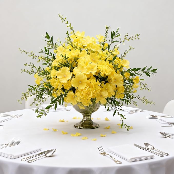 100PCS Artificial Hydrangea Flowers, Fake Flowers Silk Hydrangea Full Flowers Heads with Stems for Wedding Home Party Shop Baby Shower Decor (Yellow Champagne)