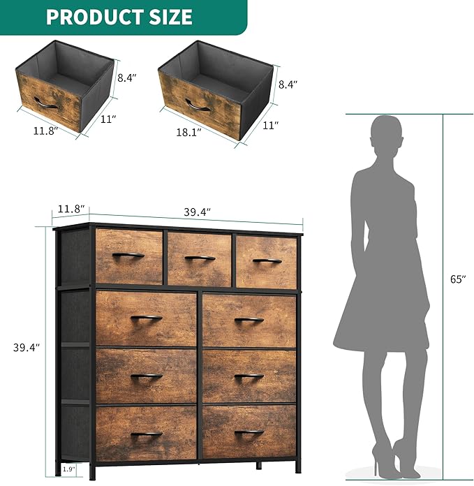 YITAHOME Dresser for Bedroom with 9 Drawers - Fabric Storage Tower, Tall Chest Organizer Unit for Living Room, Entryway, Closets with Sturdy Steel Frame, Wooden Top, Brown
