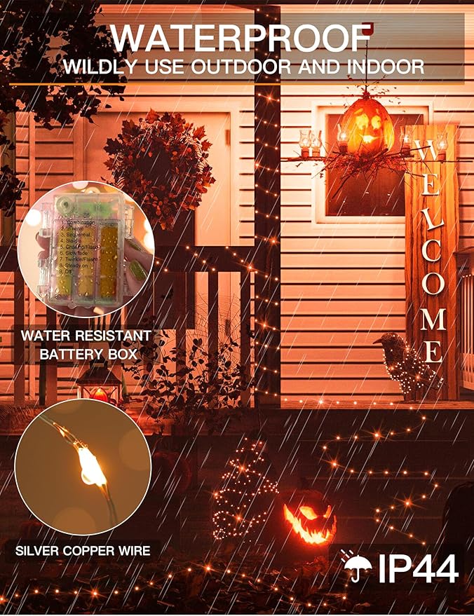 suddus Halloween Lights Battery Operated, 33ft 100 LED Orange String Lights for Outside Decorations Waterproof, Fairy Lights with Timer and Remote for Party, Yard, Outdoor, Tree, Wedding, Rroom Decor