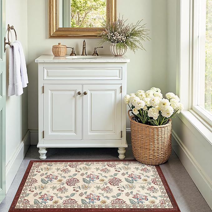jinchan 3x5 Floral Rug for Entryway Washable Kitchen Rug Vintage Romance Design Small Mat Non Slip Indoor Doormat Lightweight Low-Profile Throw Carpet for Entrance Bathroom Laundry Room, Red/Beige