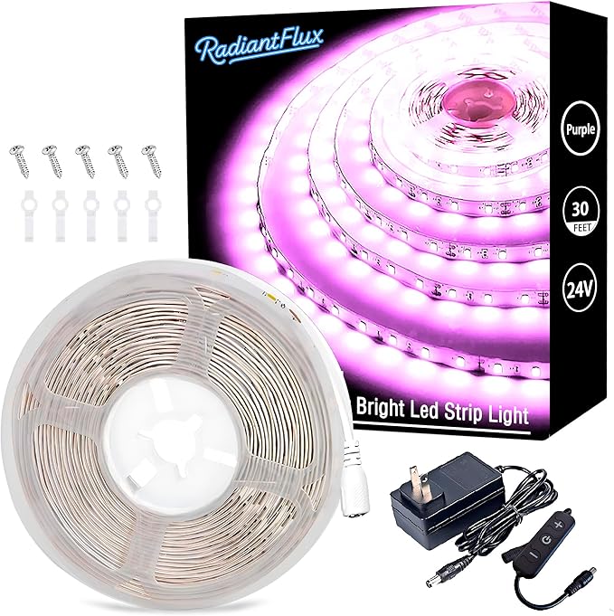 RadiantFlux Purple Light Strip, 30Ft Flexible LED Purple Light with kit, 540 lamp Beads, 24V LED Light, Non-Waterproof for Indoor Fluorescent Dance Party, Stage, Birthday, Wedding, Dark Party