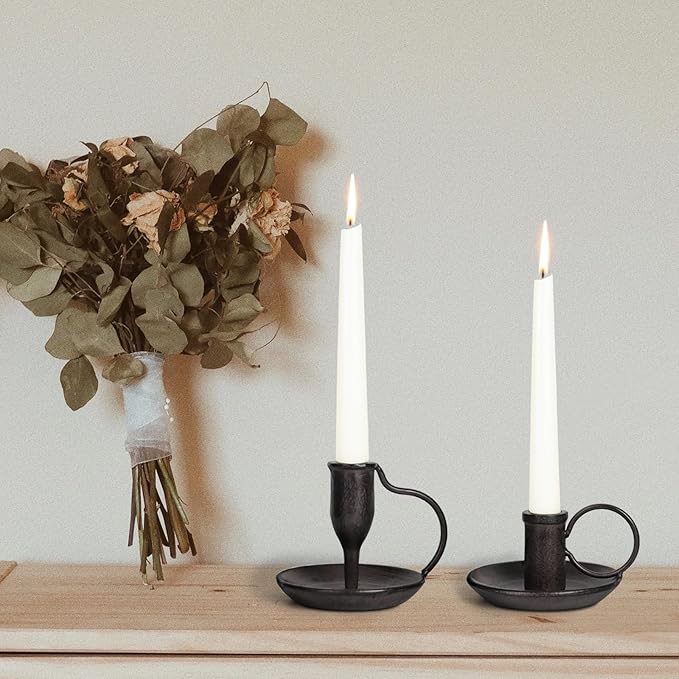 Matte Black Iron Candle Holder with Handle 2 Pcs Taper Candle Sticks Holder Decor Farmhouse Candlestick Holders for Home Wedding Party Dinning Table Centerpiece
