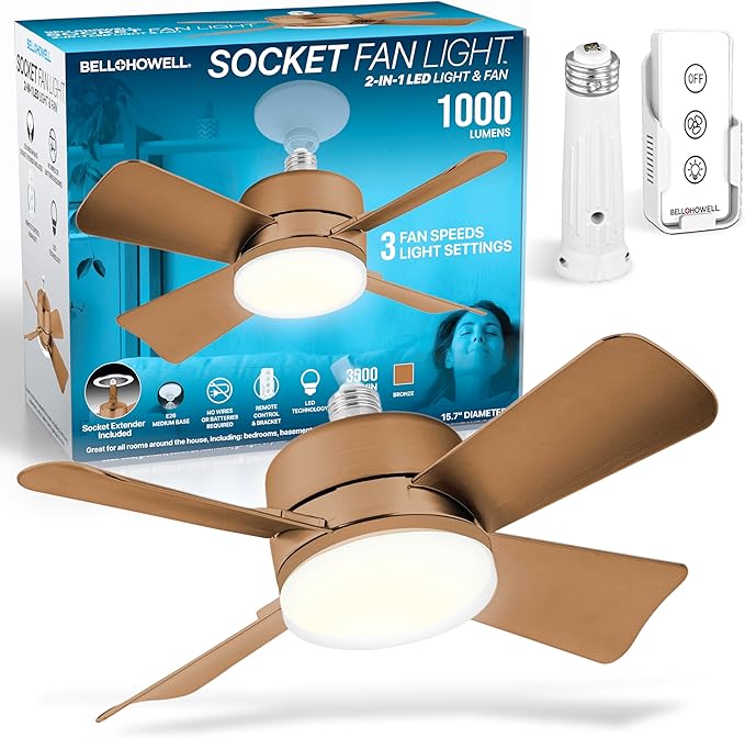Bell+Howell Socket Breeze Socket Fan Light with Remote, Portable Small Ceiling Fans with Lights for Bedroom, Kitchen, Living Room, Ceiling Fan with Light 3500K, 1000 Lumens, Screws into E26/E27