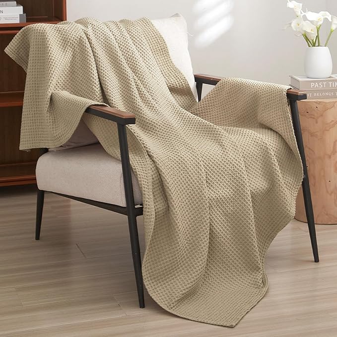 PHF 100% Cotton Waffle Weave Throw Blanket，Pre-Washed Snag Proof Lightweight Breathable Moisture-Wicking for Layering in Cold Weather for Couch Bed,Machine Washable,Home Decor Gift-Khaki/Simply Taupe