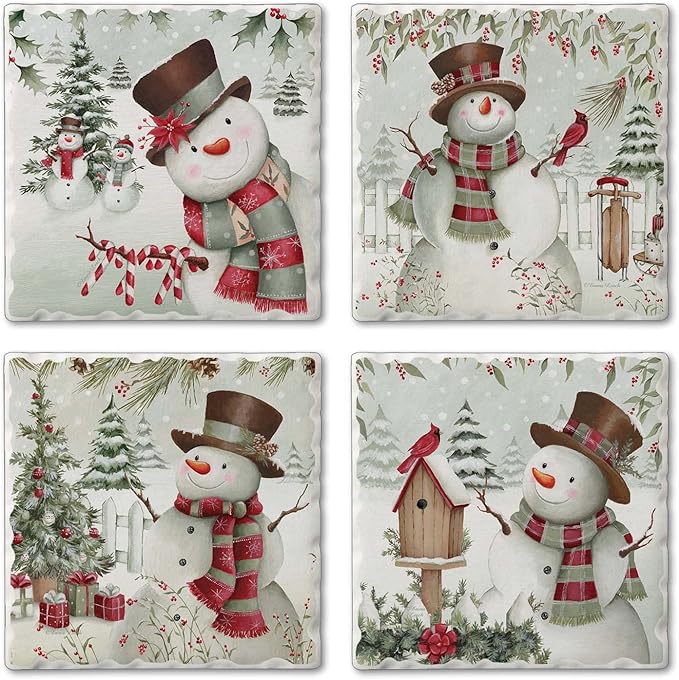 Thirstystone Brown Hat Snowman 4 Pack Assorted Tumbled Tile Stone Coasters with Protective Cork Backing 4" Square Manufactured in The USA