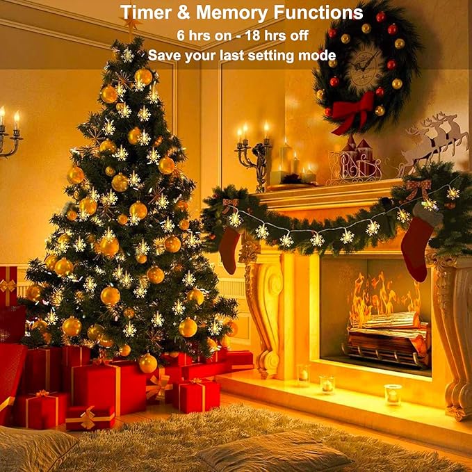 BrizLabs Snowflake Lights, 40 LED 16.08ft Christmas Lights with Remote, Twinkle Snowflake String Lights Battery Operated, 8 Modes Xmas Light Waterproof for Outdoor Indoor Tree Room Decor, Warm White