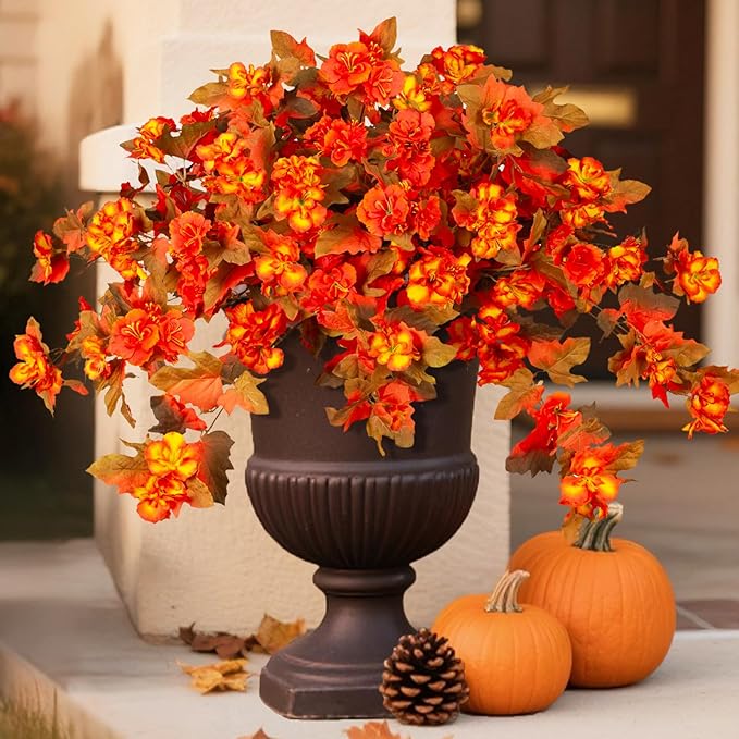 Homsunny Fall Flowers for Outdoors, 2 PCS Fake Fall Flowers UV Resistant Fake Autumn Artificial Flowers for Porch Patio Window Box Planter Home Decor (Sunset Red and Orange)
