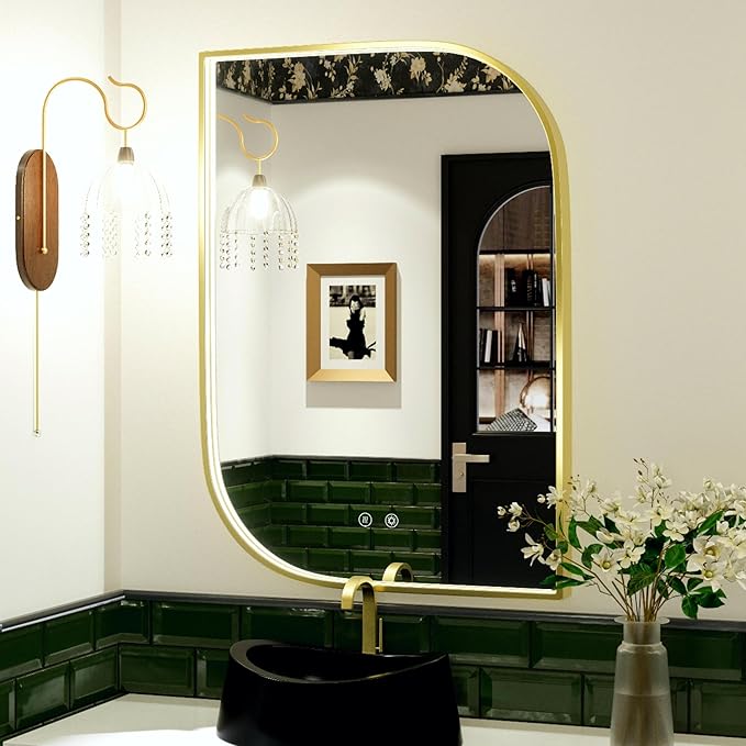 22x32 Inch LED Bathroom Mirror with Lights, Adjustable 3000K/4500K/6000K, Irregular Gold Frame Lighted Bathroom Vanity Mirror, Anti-Fog, Stepless Dimmable, Wall Mounted