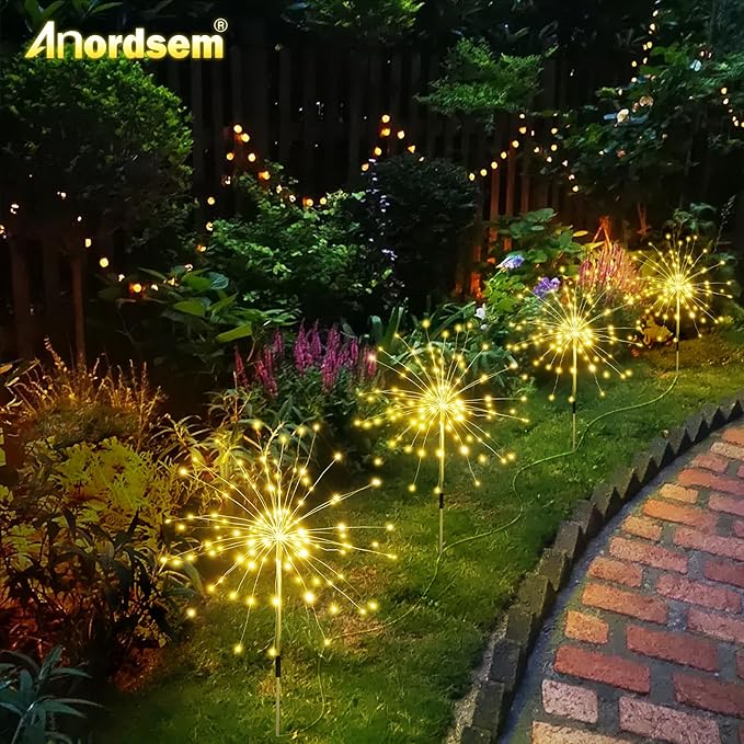 Anordsem Solar Fireworks Lights Outdoor: 4 Bendable Copper Wire 120 LEDs String Lighting - Waterproof DIY Warm Decoration for Yard Garden Proch - Gardening Gifts for Garden Lovers