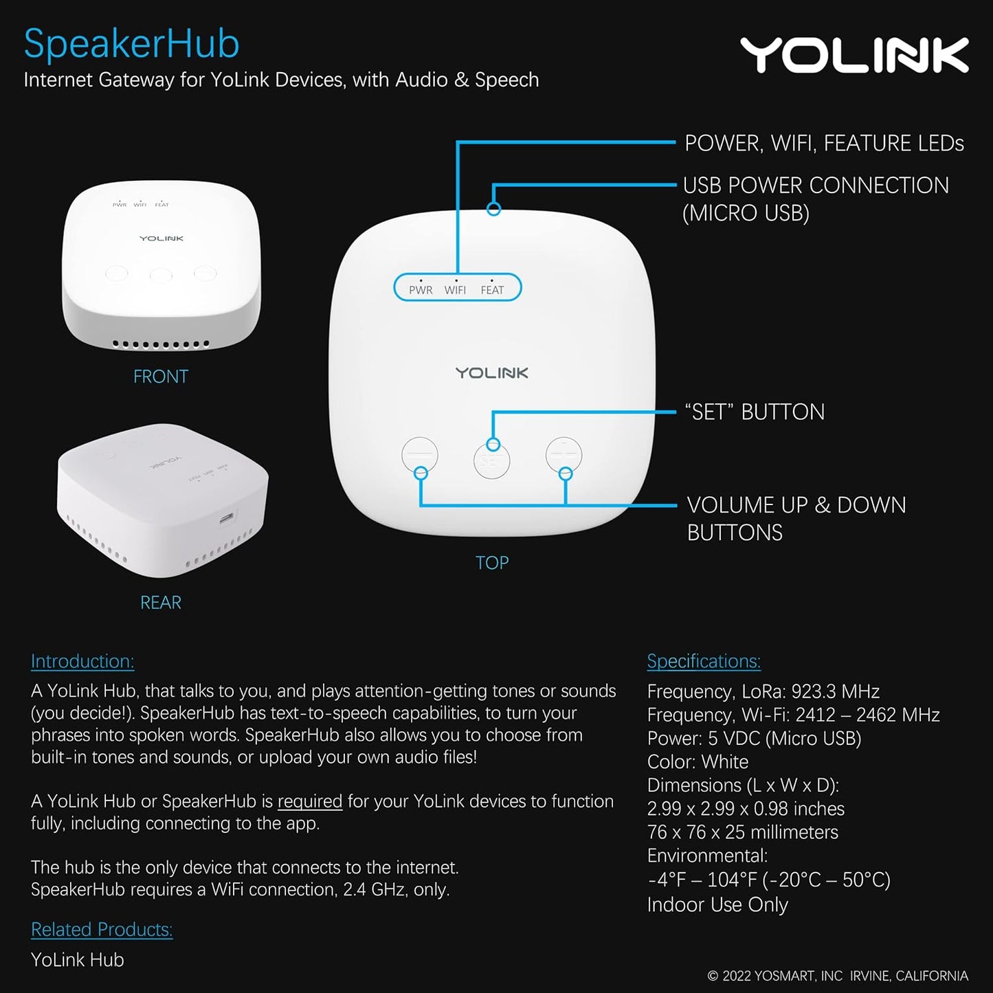 YoLink SpeakerHub, Smart Home Speaker Hub, Plays Tones/Alarms, Text-to-Speech Custom Messages, Voice Announcements,