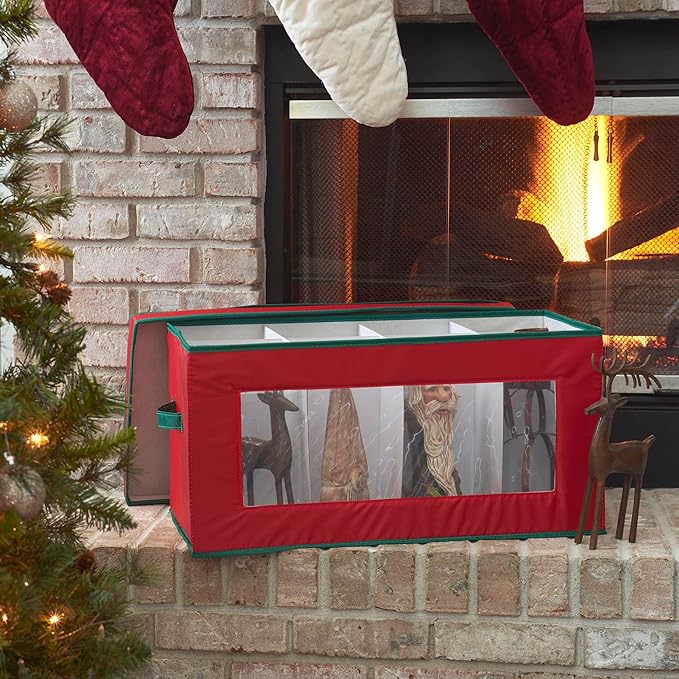 Household Essentials Holiday Figurine Storage Box, Windowed Storage with Lid, 8 Storage Compartments, Double Handles, Red with Green Trim