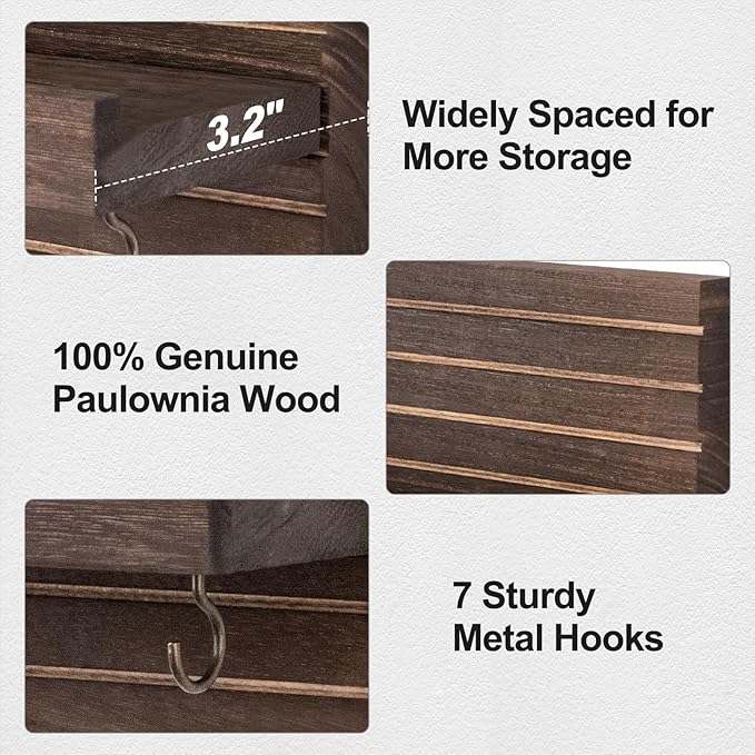 Decorative Key Holder for Wall with Shelf, Entryway Shelf with Hooks Holds Leashes, Jackets and Glasses – Sturdy Wood Keyholder Entrance Hanger with Mounting Hardware (Brown, Large)