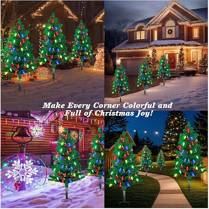 Lewondr Set of 2 Prelit Pathway Christmas Trees, 47.24" Outdoor Xmas Tree with 50 LED Strawberry Lights, Pine Cones Red Green Fruits, Solar and Type-C Powered Xmas Decor with Small Bells for Yard Home