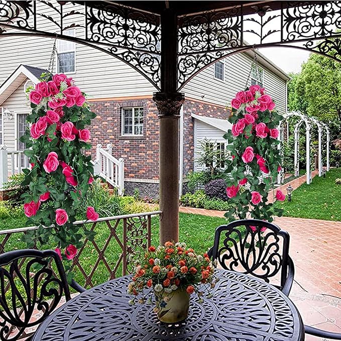 RECUTMS Artificial Rose 4Packs Fake Hanging Flower Faux Ivy Vine Plants for Home Window Garden Office Patio Planter Pathway Front Porch (Rose Red)