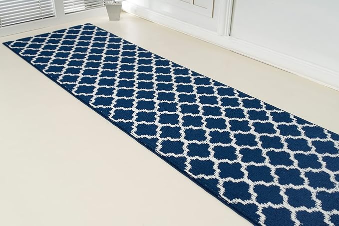 Custom Size Cut to Length Moroccan Trellis Design Runner Rug Mat For Wide Long Hallways with Non-Slip Rubber Backing, Better Traction for Pets, Prevent Slippage, Trellis Navy Blue, 31 inch X 25 feet