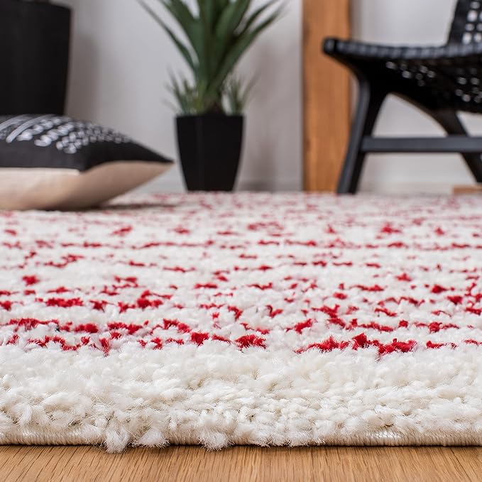 SAFAVIEH Area Rug 8x10 - Arizona Shag Collection - Large - Ivory & Red, Moroccan Design, Non-Shedding & Easy Cleaning, Ultra Plush Thick Pile, Ideal for Living Room, Bedroom, Dining Space (ASG741P)