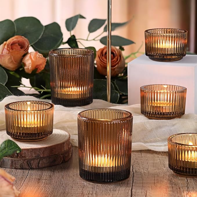 20pcs Ribbed Amber Votive Candle Holders, Assorted Glass Tea Light Candle Holders for Fall Decor, Amber Candle Holders for Wedding Centerpieces, Thankgiving and Christmas Decorations