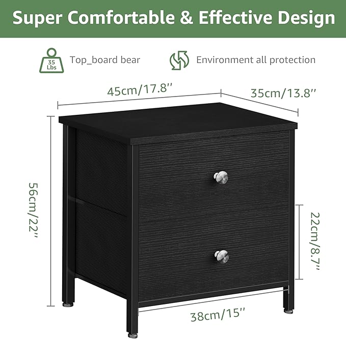 BOLUO Black Nightstands Set of 2, 2 Drawer Dresser for Bedroom Night Stand Small Nightstands End Table with Fabric Drawers Modern