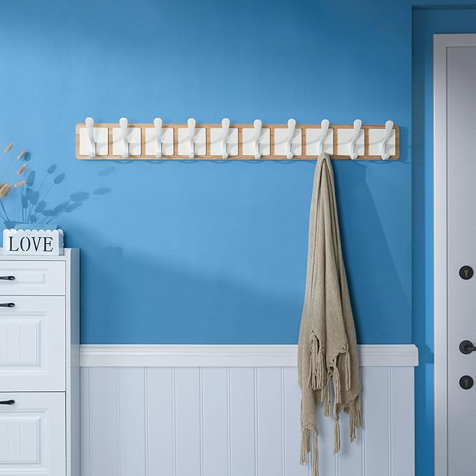 SKOLOO Coat Rack Wall Mount - Scandi-Style Wooden Carved-Block Coat Hook, Wall Coat Hanger with 10 Hooks for Hanging Coats, Hats, Clothing, Scarfs, Natural & White