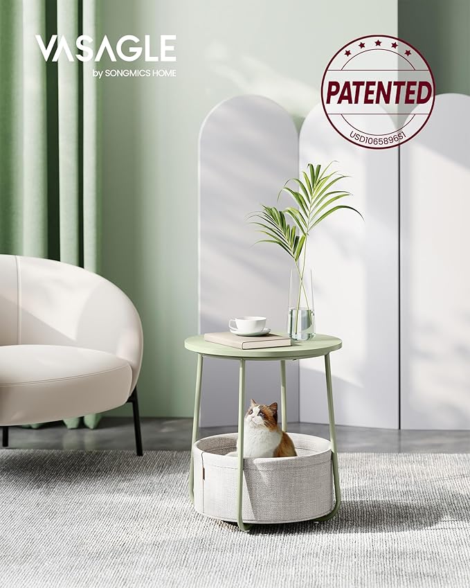 VASAGLE LILEA Collection - Small Round Side End Table, Modern Nightstand with Fabric Basket, Laurel Green and Cream White ULET223C69