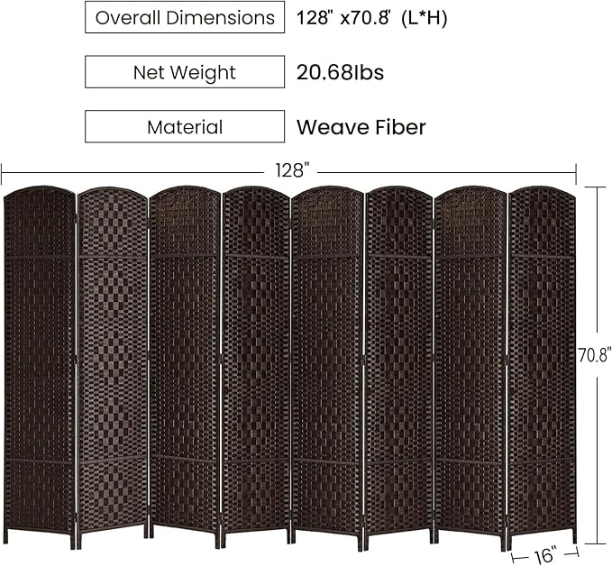 Rose Home Fashion Room Divider, 6 ft Tall Room Dividers and Folding Privacy Screens, 16in Privacy Screen 8 Panel Dark Coffee Space Temporary Wall Foldable Partition Separation