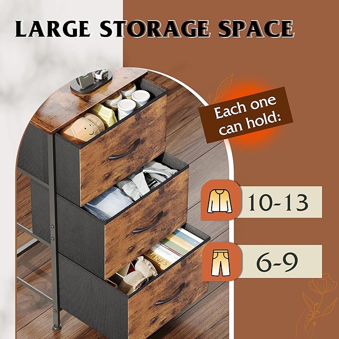 WLIVE Dresser with 3 Drawers, Fabric Nightstand, Organizer Storage Dresser for Bedroom, Hallway, Entryway, Closets, Sturdy Steel Frame, Wood Top, Easy Pull Handle, Rustic Brown Wood Grain Print