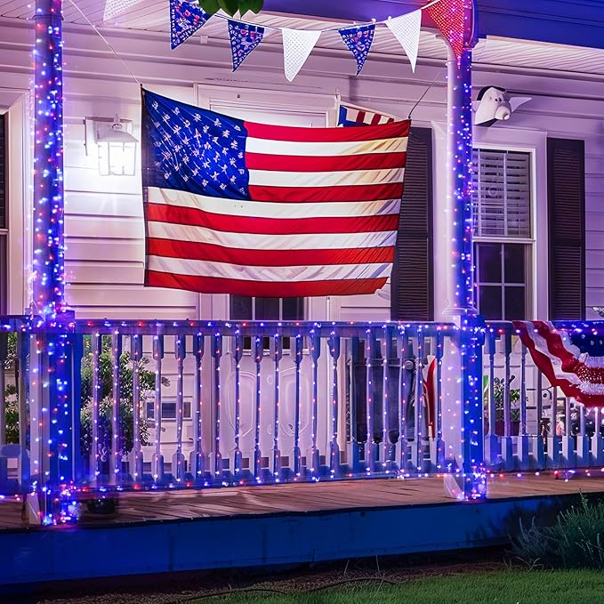 JMEXSUSS 4 Pack 50LED Red White Blue Fairy Lights Battery Operated for 4th of July, Patriotic Lights for Independence Day Decorations