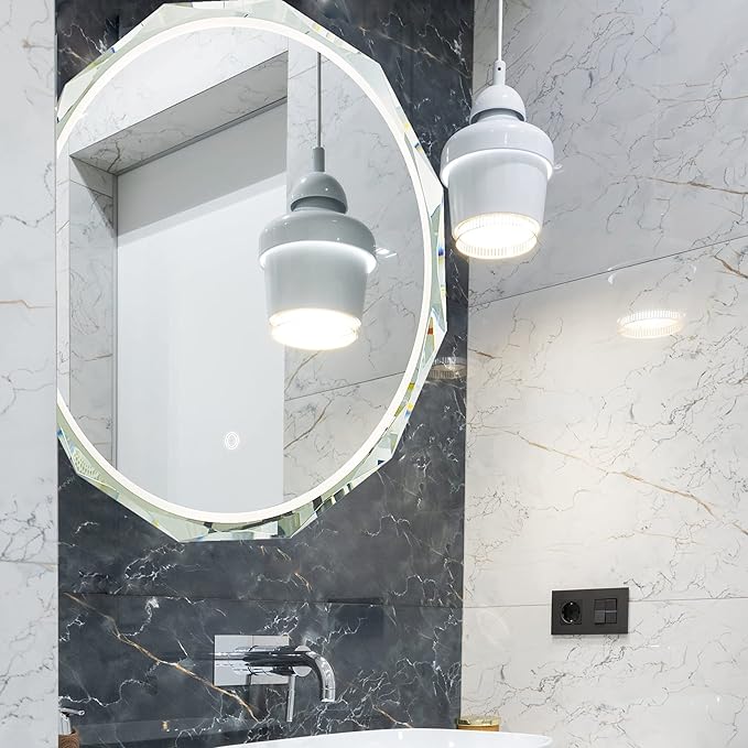 Round LED Bathroom Mirror, Beveled Edge Frameless Wall Mount Bathroom Vanity Mirror with 3-Color and Anti-Fog, 30 Inch, Silver