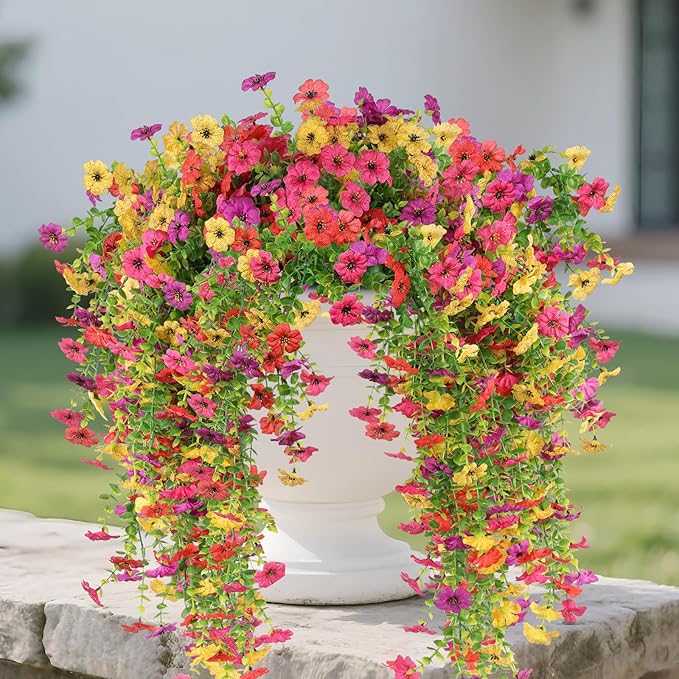 12 Pcs Artificial Hanging Mums Flowers Outdoor, Fake Hanging Spring Plants for Outdoor Planter Patio Front Door Window Box Decoration (12, Red, Purple, Rose Red, Yellow)