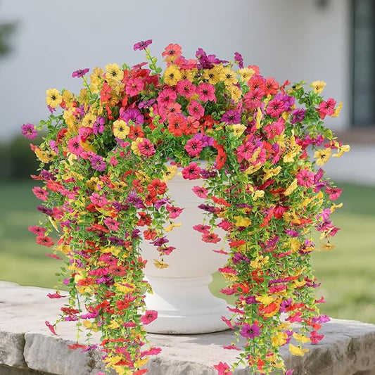 12 Pcs Artificial Hanging Mums Flowers Outdoor, Fake Hanging Spring Plants for Outdoor Planter Patio Front Door Window Box Decoration (12, Red, Purple, Rose Red, Yellow)