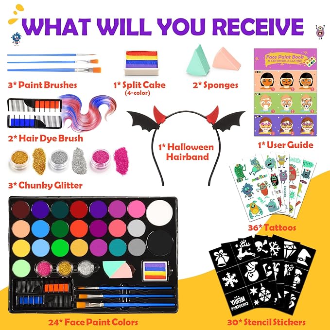 Face Painting Kit for Kids, 24 Colors Water Based Non-Toxic Face Paint with Stencils & Brushes, Professional Body Makeup Set for Halloween, Birthday, Parties with Guide Book Art and Craft Art Supplies