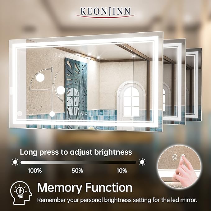 Keonjinn 48 x 28 Inch LED Bathroom Mirror, Lighted Bathroom Mirror with Lights, Shatter-Proof Tempered Glass, UL-Listed LED Driver, Fog Free, Dimmale 6000K, Easy to Install(Horizontal/Vertical)