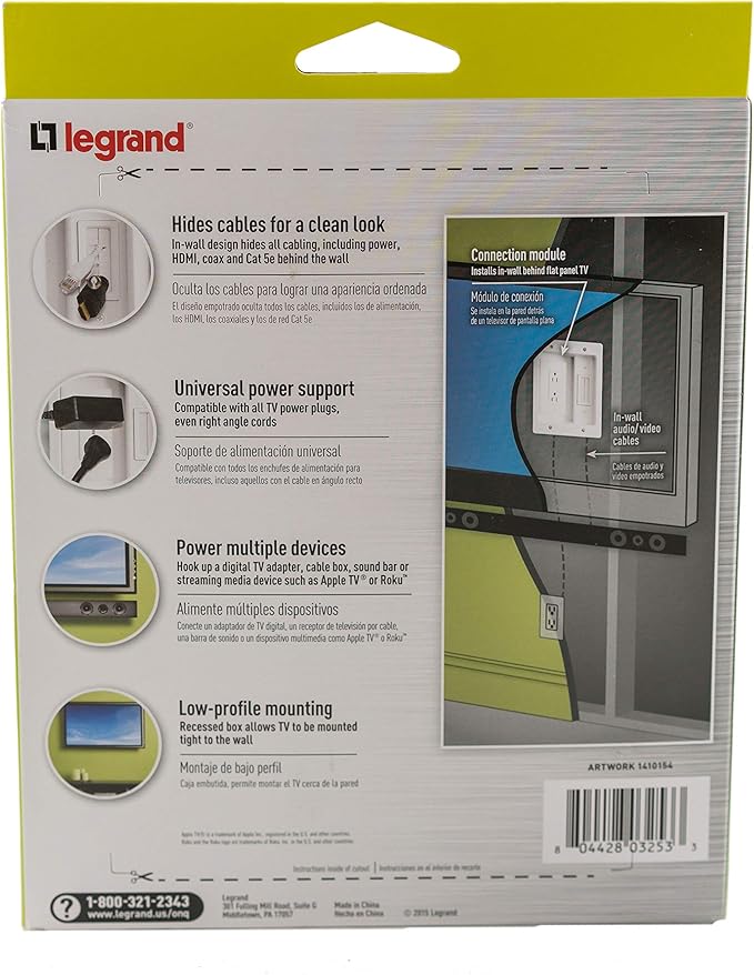 Legrand – OnQ in-Wall Cable Management Kit for Power & Low Voltage Cords – Hides TV or Display Cables Retrofit Behind the Wall – UL Listed TV Cord Hider w/DIY Install & Included Hardware – HT2102WHV1