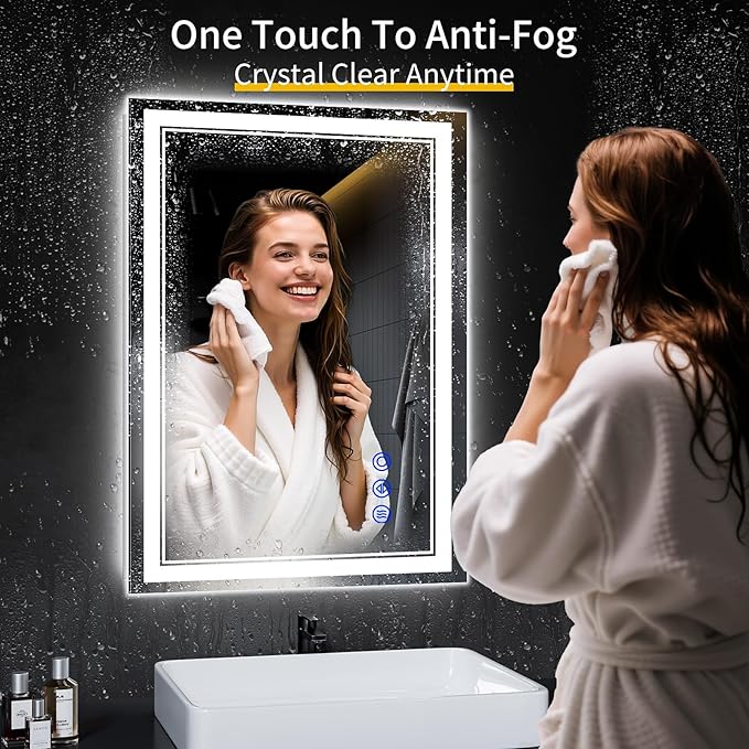 30"x22" LED Bathroom Mirror with Anti-Fog, Stepless Dimmable Lights, 3 Color Modes, Shatter-Proof Tempered Glass, Memory Function & Waterproof Design