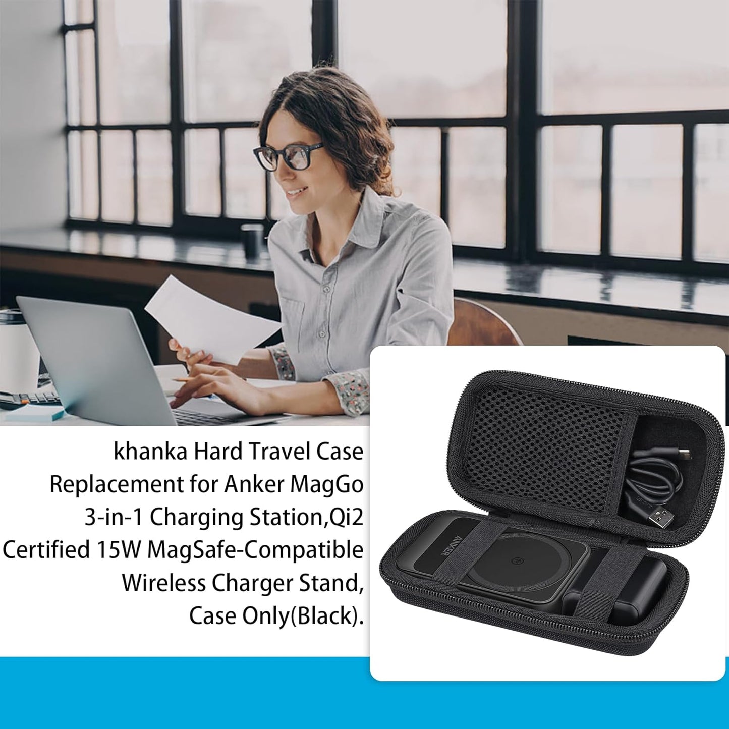 khanka Hard Travel Case for Anker MagGo 3-in-1 Charging Station, Qi2 Certified 15W MagSafe-Compatible Stand (Black)