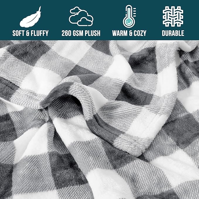 PAVILIA Light Grey Buffalo Plaid Throw Blanket for Couch, Soft Checkered Flannel Fleece Blanket for Sofa, Grey White Plaid Decorative Couch Throw, Warm Cozy All Season Fall Blanket Decor Gift, 60x80