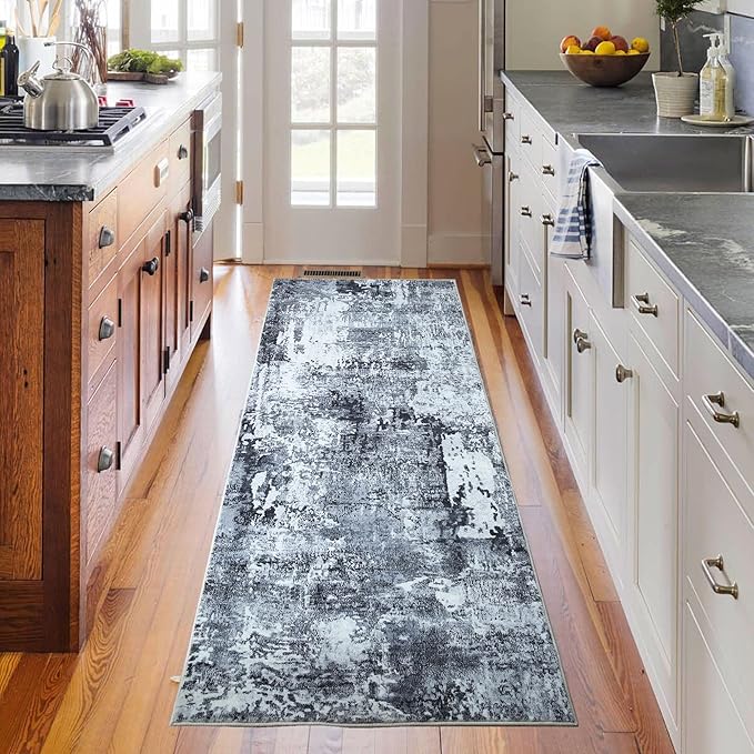 Runner Rug 2'6''x8' Hallway Washable Boho Soft Area Rug Abstract Pattern Non-Slip Faux Wool Vintage for Kitchen, Entryway, Laundry, Bedroom, Grey and Black