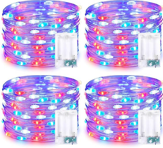 JMEXSUSS 4 Pack 50LED Red White Blue Fairy Lights Battery Operated for 4th of July, Patriotic Lights for Independence Day Decorations