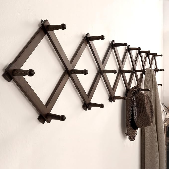 SKOLOO Accordion Wall Hanger with 22 Hooks, Modern Expandable Coat Rack Hat Rack for Wall, Solid Wooden, Walnut Color