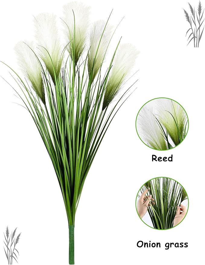 Vlorart 33" Artificial Plants 6 Pack Onion Tall Grass Greenery, Faux Fake Grass Shrubs Plant Flowers Wheat Grass for House Home Indoor Outdoor Office Room Gardening Indoor Décor-White