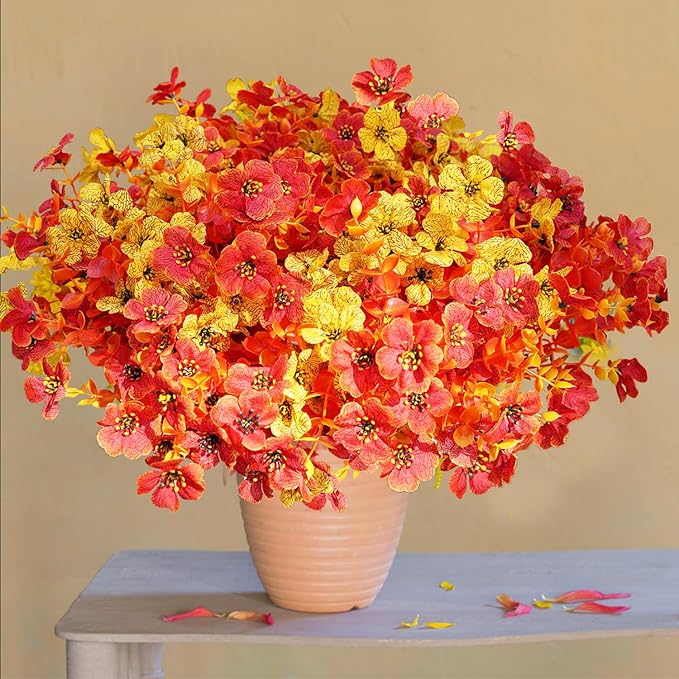 Artificial Flowers for Outdoor, UV Resistant Fake Silk Flowers, Realistic Faux Plants for Outside Indoor Porch Patio Window Box Planter Home Decor (16, Fall OrangeRed Yellow)