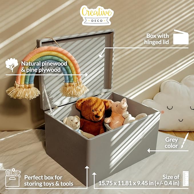 Large Grey Wooden Box Storage with Hinged Lid | 15.8 x 11.8 x 9.44 inches (+-0.5) | with Handles | Gift Box Storage Document | Product NOT Intended for 15 Years OR Below