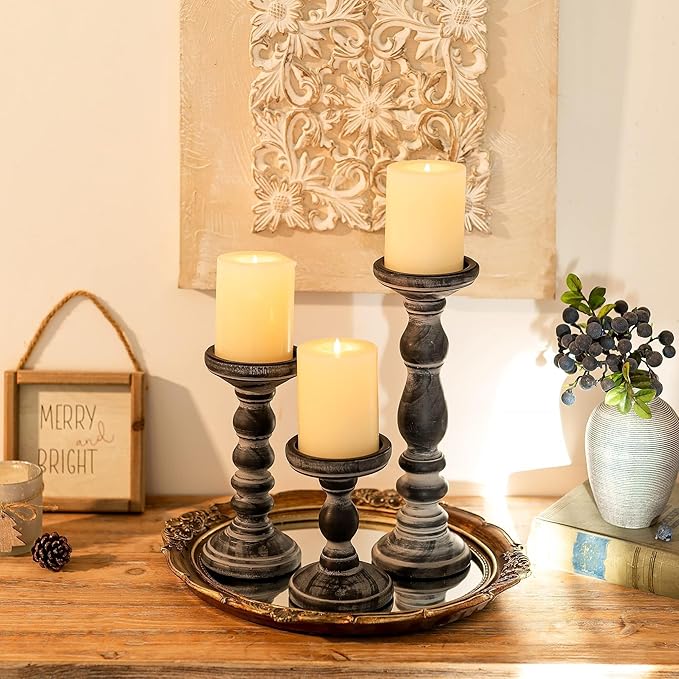 Wood Pillar Candle Holder: 3Pcs Rustic Candle Holders for Pillar Candles Wood Candle Holders Distressed Wooden Farmhouse Large Candle Holder for Fireplace Table (Black, 6", 8", 12")
